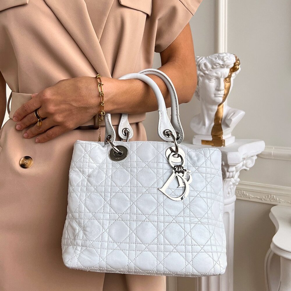 Authentic Christian Dior Lady White Cannage Leather Soft Tote Small Bag B0801